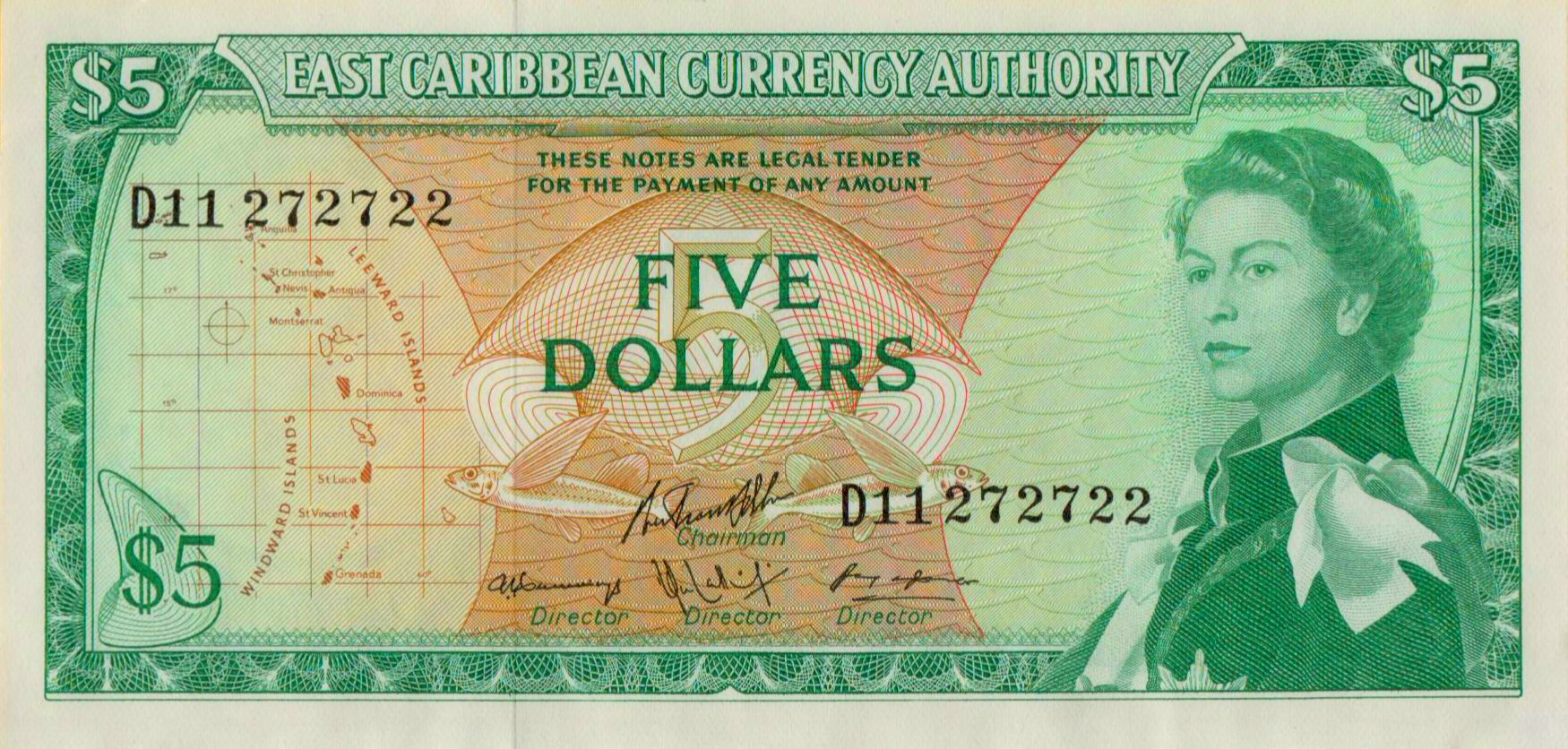East Caribbean 5 1965 UNC P-14/h2 <B>[Serial# 272722 & 272824]</